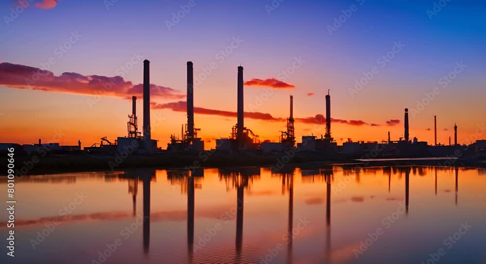 Sunset over industrial area factories warehouses smokestacks cranes and machinery silhouetted against colorful sky Sunset over industrial area factories warehouses smokestacks cranes and machinery silhouetted against colorful sky