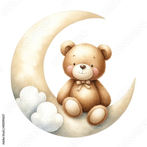 A cute teddy bear sitting on a crescent moon. The bear is tan and has a pink bow around its neck. The moon is white and has a few clouds around it. The background is white.