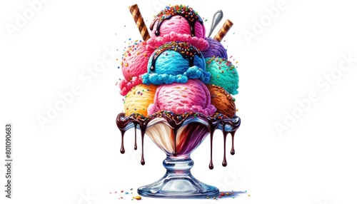 An illustration of a colorful and delicious ice cream sundae with chocolate sauce and sprinkles.