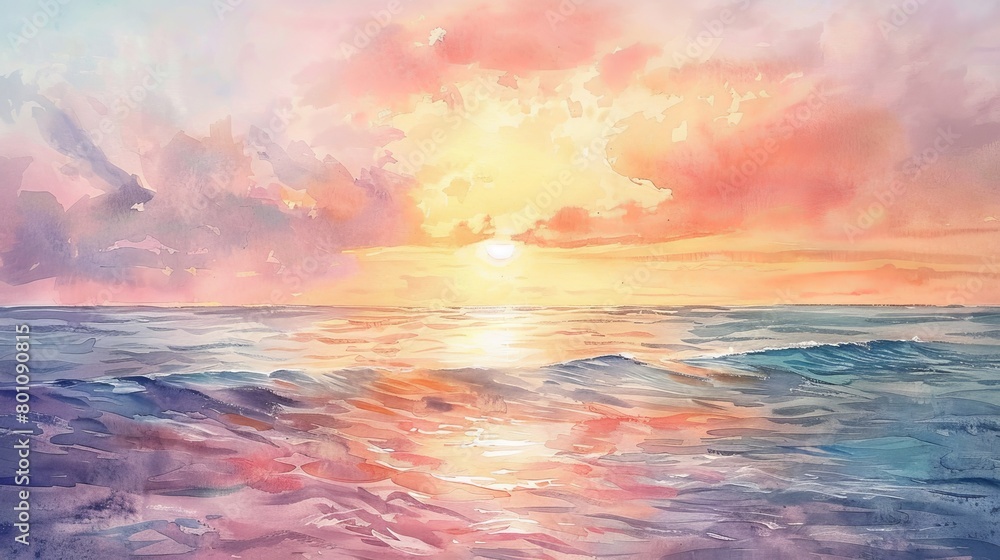 Watercolor seascape showing a gentle sunrise over the ocean, soft pinks and blues blending to evoke peace and calm