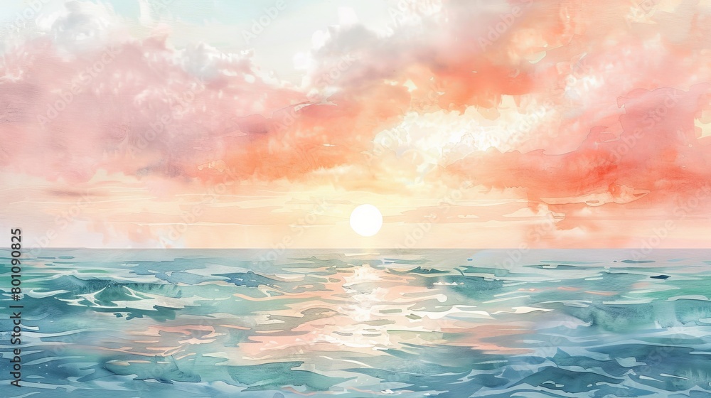 Watercolor seascape showing a gentle sunrise over the ocean, soft pinks and blues blending to evoke peace and calm Watercolor seascape showing a gentle sunrise over the ocean, soft pinks and blues blending to evoke peace and calm