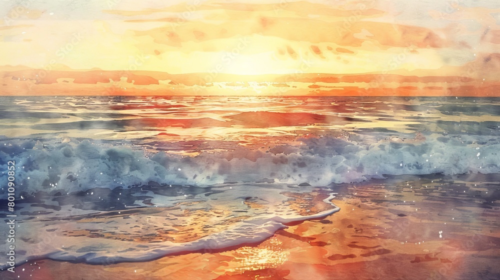 Tranquil watercolor artwork of a seaside at sunrise, the warm colors and peaceful waves designed to soothe and comfort patients