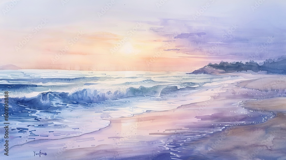 Tranquil watercolor depicting a quiet beach at dusk, with soothing hues of lavender and peach reflecting off gentle waves