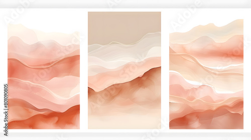 Abstract Arrangements. Landscapes, mountains. Posters. Terracotta, blush, pink, ivory, beige watercolor marble background. Generative AI.