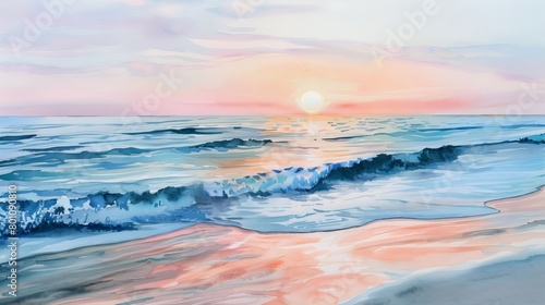 Watercolor seascape showing a gentle sunrise over the ocean  soft pinks and blues blending to evoke peace and calm