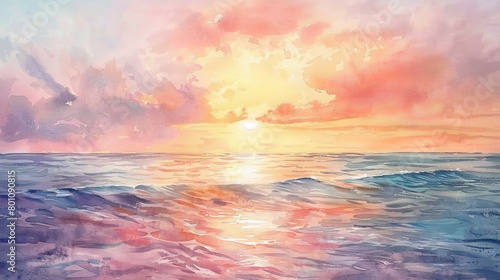 Watercolor seascape showing a gentle sunrise over the ocean, soft pinks and blues blending to evoke peace and calm © Alpha