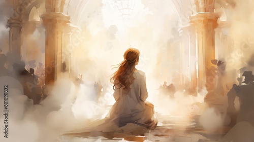 Mary in a Moment of Prayer, watercolor illustration.