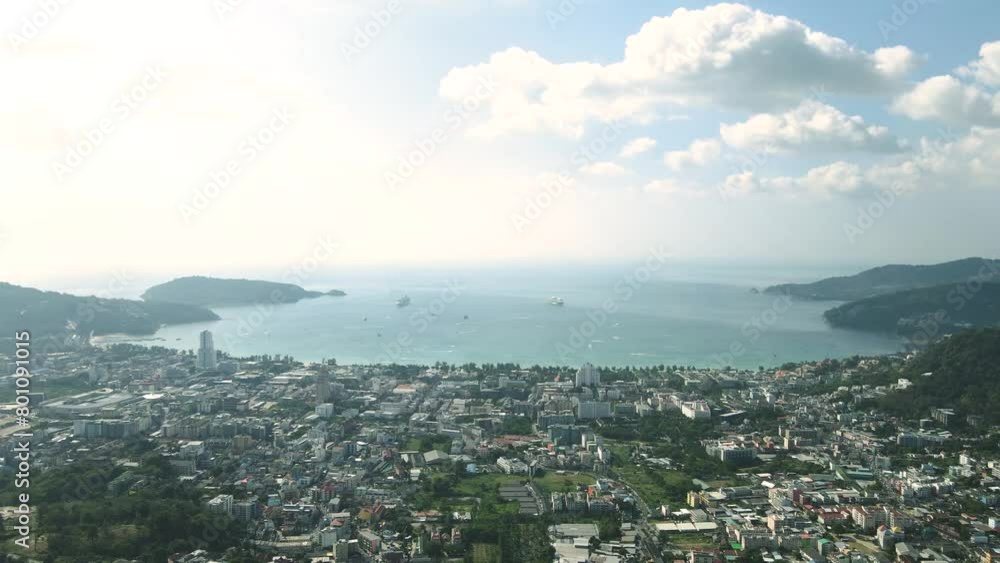 Professional video 4K aerial view Patong Beach Phuket Thailand empty beach Aerial view of the beach, sandy area at the top of the mountain, tourists coming with 2 cruise ships. Blue ocean, sea water. Professional video 4K aerial view Patong Beach Phuket Thailand empty beach Aerial view of the beach, sandy area at the top of the mountain, tourists coming with 2 cruise ships. Blue ocean, sea water.