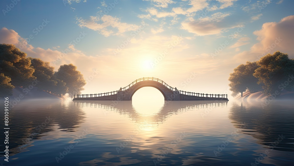 Fototapeta premium Sunset Passage: Bridge Over River with Sun Setting in the Background