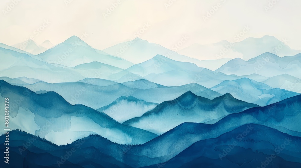 Tranquil watercolor painting of a mountain range with layers of hills fading into the distance, creating a deep sense of peace