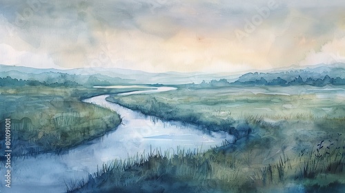 Tranquil watercolor landscape of a river meandering through a quiet valley, soothing tones capturing the essence of calm and healing