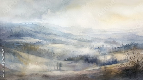 Tranquil watercolor landscape of rolling hills shrouded in morning mist  the muted tones conveying peace and quiet  ideal for comfort