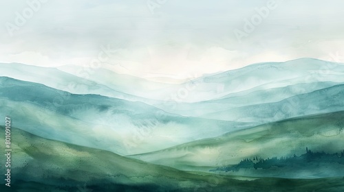 Tranquil watercolor landscape of rolling hills shrouded in morning mist, the muted tones conveying peace and quiet, ideal for comfort