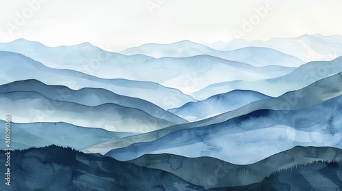 Tranquil watercolor painting of a mountain range with layers of hills fading into the distance, creating a deep sense of peace