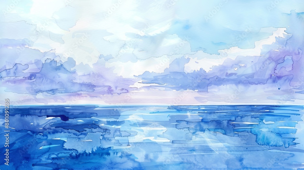 Tranquil watercolor scene of a distant horizon where the ocean meets the sky, hues of blue and lavender calming the viewer