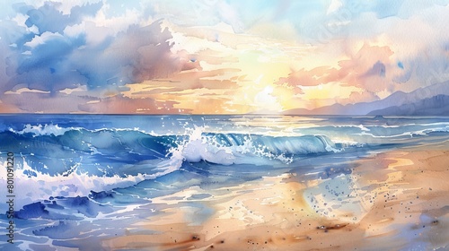 Tranquil watercolor scene of a beach at sunset, the soothing sound of waves captured in soft brush strokes, enhancing a peaceful clinic ambiance © Alpha