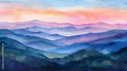 Tranquil watercolor scene of a mountain vista at sunset, the sky painted with hues of pink and orange, soothing to viewers