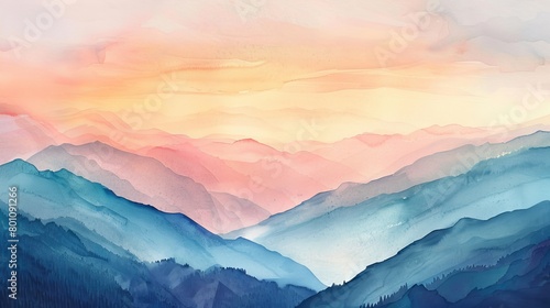 Tranquil watercolor scene of a mountain vista at sunset, the sky painted with hues of pink and orange, soothing to viewers © Alpha
