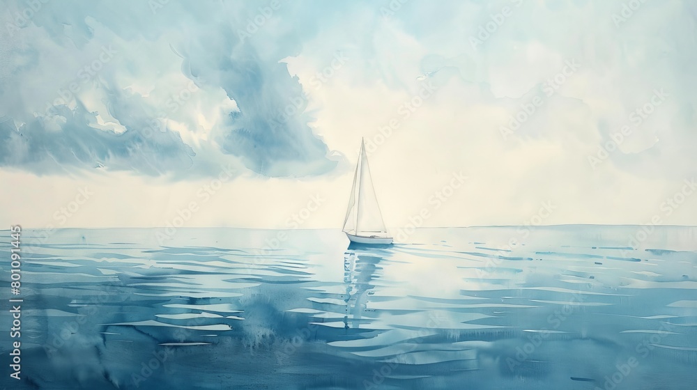 Tranquil watercolor seascape featuring a lone sailboat on a calm sea, the sparse composition emphasizing quietude and space