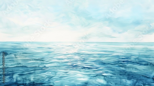 Tranquil watercolor seascape featuring a lone sailboat on a calm sea, the sparse composition emphasizing quietude and space