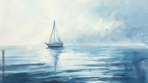 Tranquil watercolor seascape featuring a lone sailboat on a calm sea, the sparse composition emphasizing quietude and space