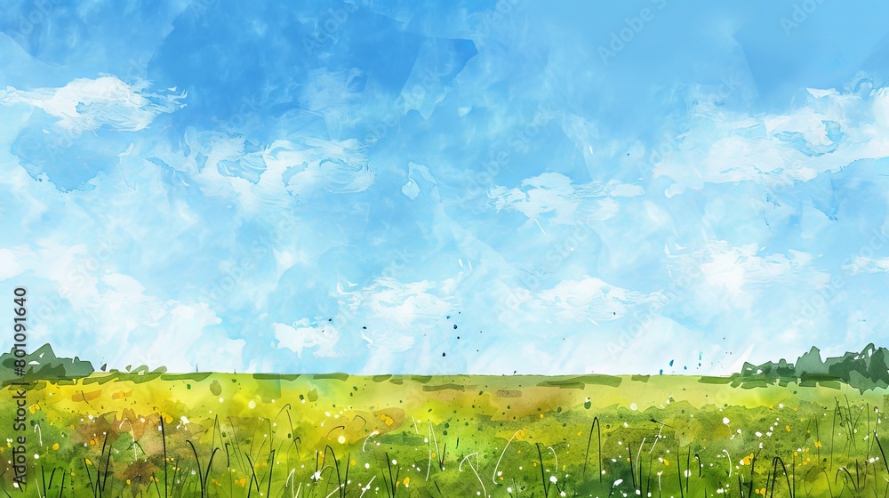 Fototapeta premium Watercolor art of a meadow under a clear blue sky, simple and soothing, designed to bring peace to both staff and patients
