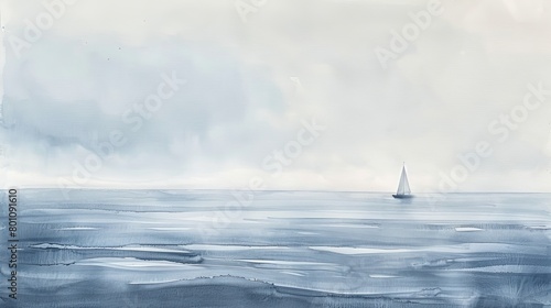 Tranquil watercolor seascape showing a distant horizon with a lone sailboat, muted blues and grays conveying quiet solitude