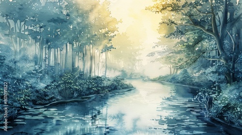 Watercolor depiction of a calm river winding through a lush forest, the play of light and shadows promoting a sense of healing photo