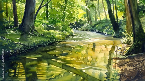 Watercolor depiction of a calm river winding through a lush forest  the play of light and shadows promoting a sense of healing