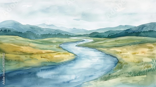 Watercolor depiction of a calm river winding through a lush forest, the play of light and shadows promoting a sense of healing