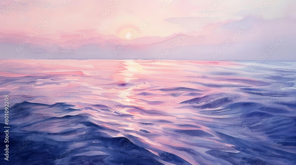 Watercolor depiction of the ocean at dusk, the water reflecting the pink and lavender hues of the setting sun, soothing and peaceful