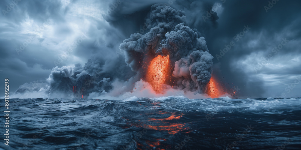 Dramatic volcanic eruption at sea, spewing lava and ash under menacing storm clouds, creating a powerful natural spectacle.