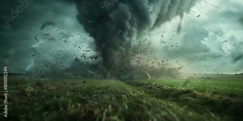 A ferocious tornado violently uproots debris over a peaceful farmland, showcasing the dramatic power of severe weather. photo