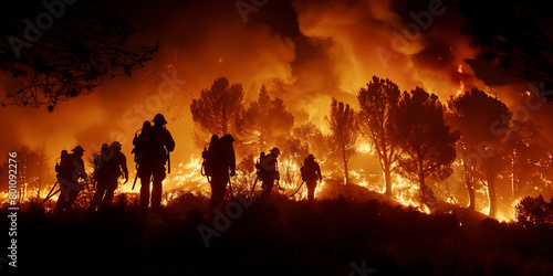 Brave firefighters confront a fierce wildfire, silhouetted against the fiery inferno consuming a forest under a dark sky. photo