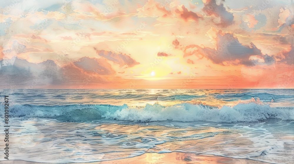 Watercolor of a calm beach at sunset, gentle waves and a soothing sky palette creating a restorative visual experience in a clinical setting