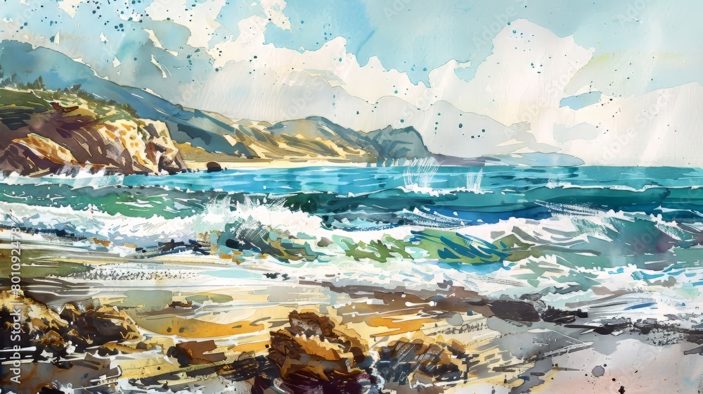 Watercolor landscape of rocky coastal views, waves gently crashing against the shore, conveying the rhythm of the ocean