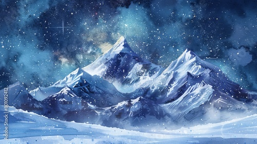 Watercolor illustration of a snowy mountain under starlit skies, the quiet and pristine environment symbolizing purity and tranquility photo