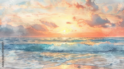 Watercolor of a calm beach at sunset  gentle waves and a soothing sky palette creating a restorative visual experience in a clinical setting