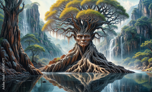 Realistic,Oil painting A very old Dragon tree with a face like a Dragon in a realistic Ravana forest photo