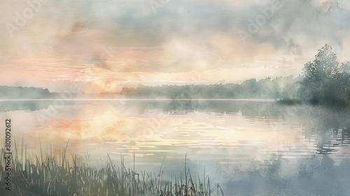 Watercolor of a peaceful lake at dawn, soft pastels creating a serene atmosphere, perfect for inducing calm in a clinical setting