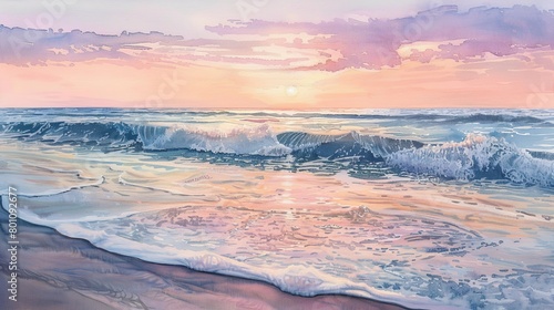 Watercolor of a serene coastal landscape with gentle ocean waves lapping at a sandy beach under a soft pastel sunrise