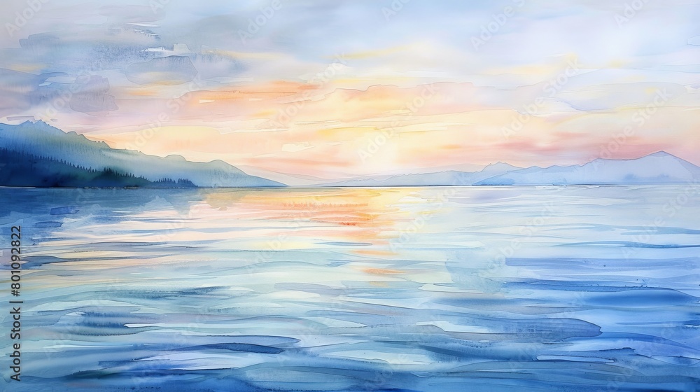 Watercolor painting of a gentle dawn over a calm sea, soft pastel colors blending to soothe and relax viewers, perfect for a clinic setting Watercolor painting of a gentle dawn over a calm sea, soft pastel colors blending to soothe and relax viewers, perfect for a clinic setting
