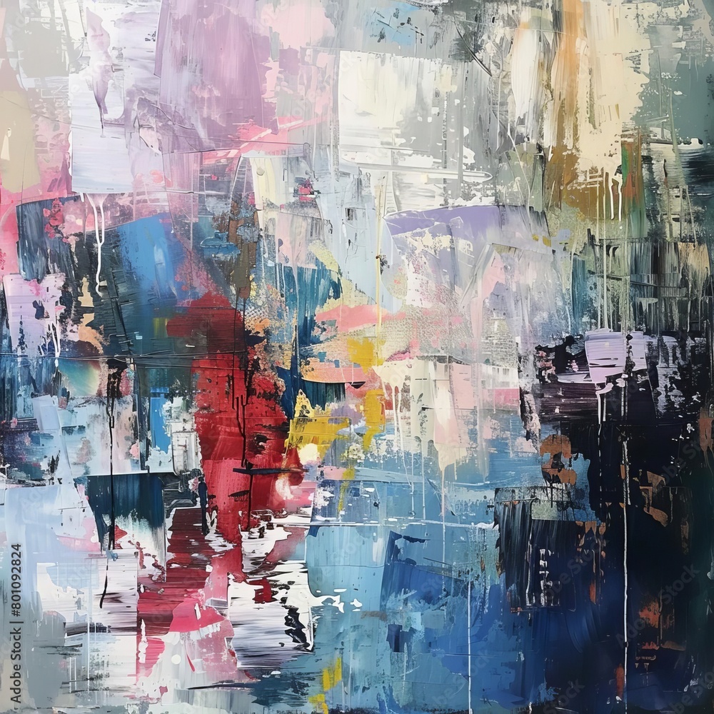 An abstract painting. The colors are vibrant and the brushstrokes are thick. The painting has a sense of energy and movement. It is a beautiful and unique work of art.
