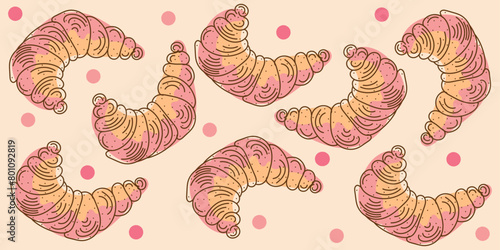 Colorful Doodle croissant seamless pattern with dots in brown, pink colors. Vector hand drawn illustration for business, banners, textile, wrapping. Isolated on beige background. Editable stroke