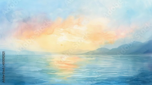 Watercolor painting of a gentle dawn over a calm sea, soft pastel colors blending to soothe and relax viewers, perfect for a clinic setting