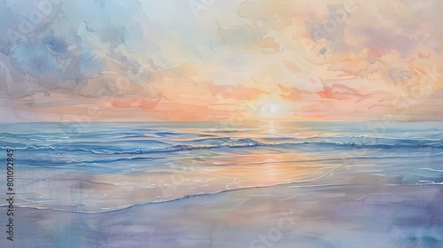 Watercolor painting of a gentle dawn over a calm sea, soft pastel colors blending to soothe and relax viewers, perfect for a clinic setting