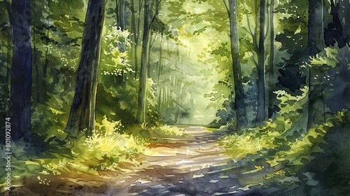 Watercolor painting of a quiet forest path, dappled sunlight filtering through leaves, promoting relaxation and comfort in medical settings
