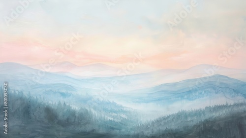 Watercolor painting of a quiet mountain view with a stream, subtle hues of green and blue conveying stillness and calm, ideal for relaxation © Alpha