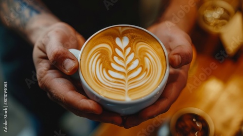 Barista holding a cup of coffee with latte art photo