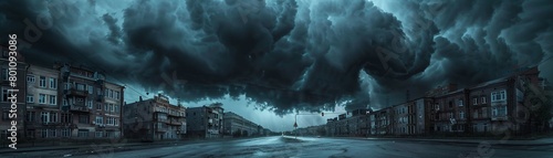 Large, ominous dark clouds looming over a deserted city street, creating a feeling of impending doom photo
